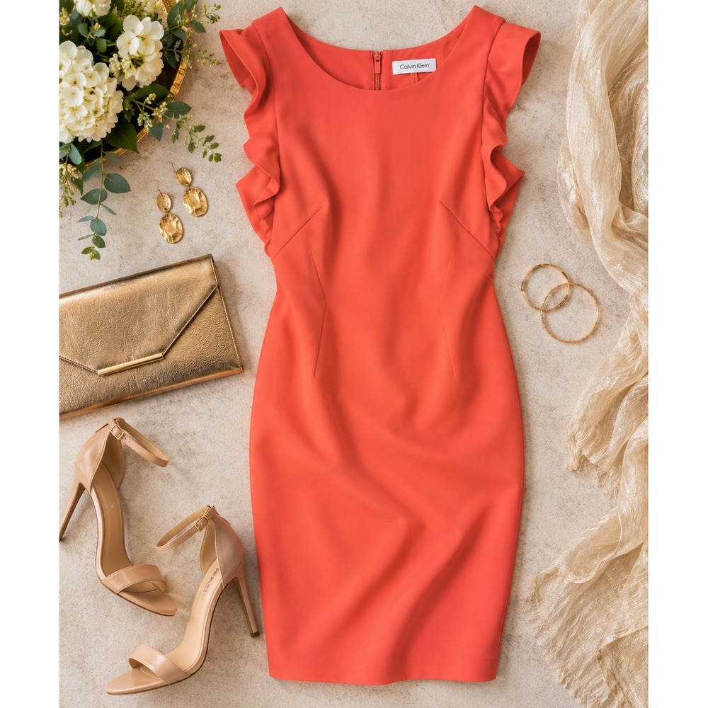 Calvin Klein Womens Coral Orange Ruffle Sleeve Sheath Dress Size 12